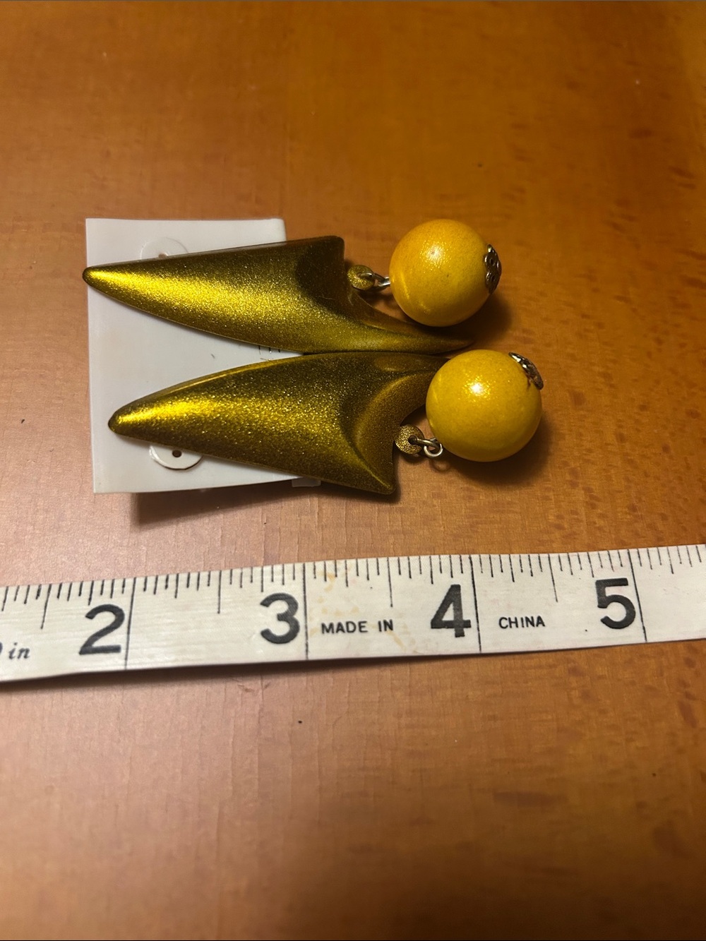 Vintage Gold Space Astro MCM Dangle Earrings with Yellow Bead Accents - Picture 4 of 4